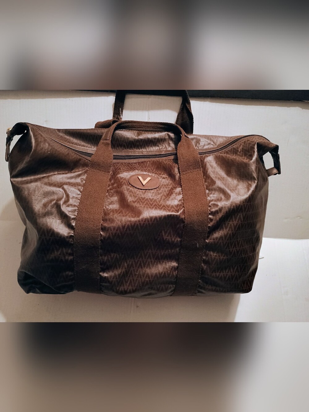 Mario Valentino Vintage Brown V-Logo Medallion  Weekender Large Duffel Tote Bag